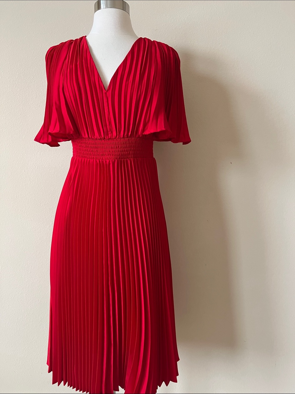 Red Accordion V-Neck Midi Dress